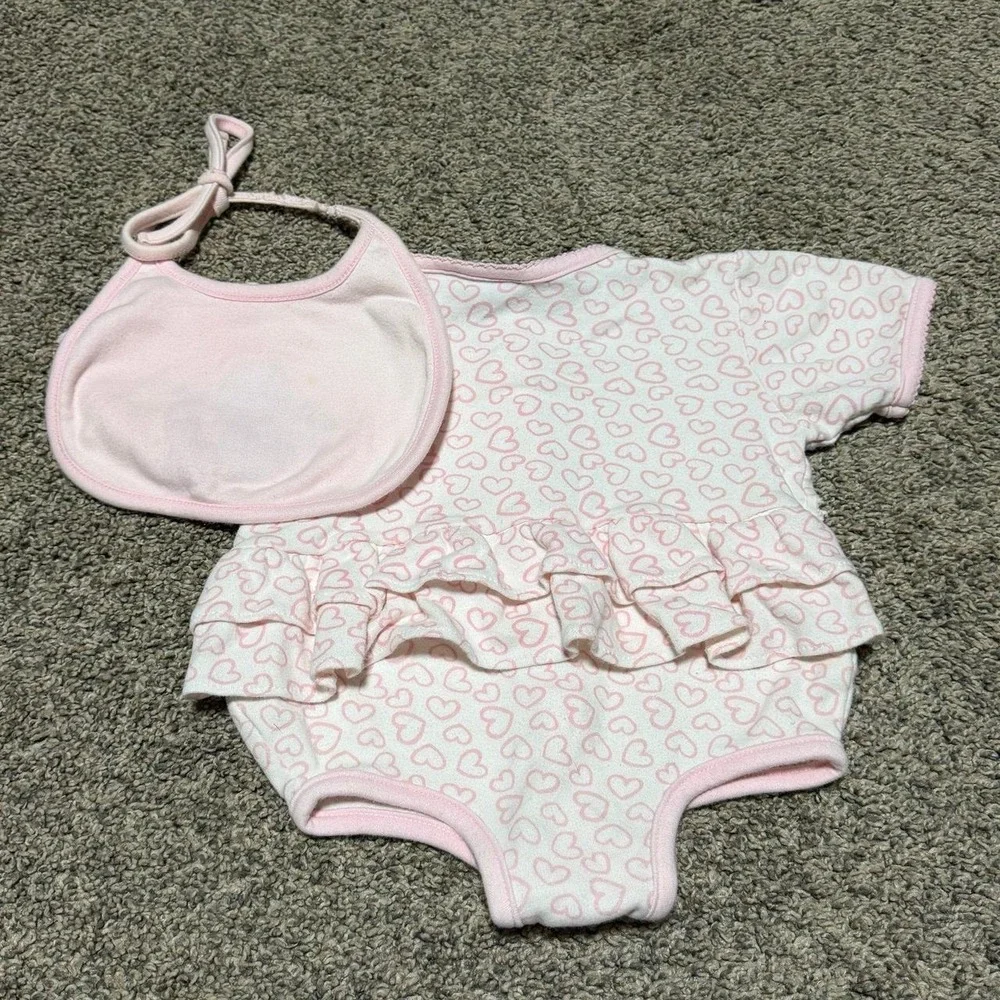 Vintage Precious Moments Baby Romper Bib Set 6/9M Pink Hearts Ruffle Bunny